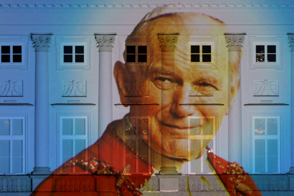 A picture of Pope John Paul II is displayed on the facade of the Presidential Palace in Warsaw, Poland, on 9th March, 2023