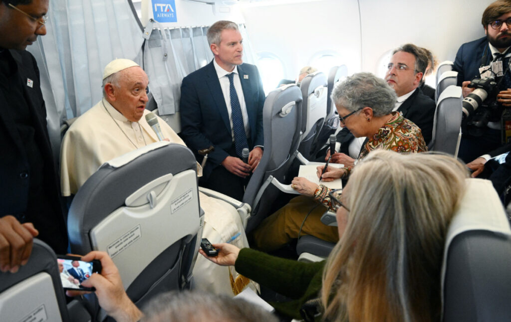 Pope Francis holds a news conference as he returns to the Vatican following his apostolic journey to Hungary, aboard the plane, on 30th April, 2023