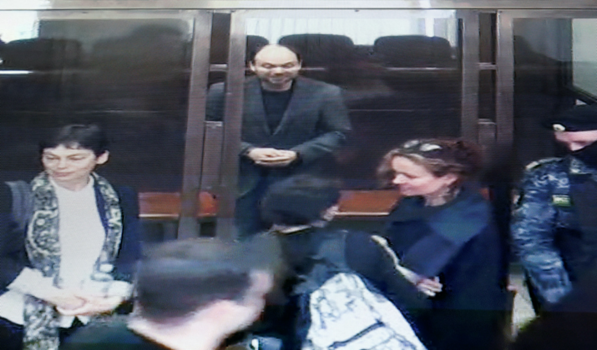 Russian opposition figure Vladimir Kara-Murza, accused of treason and of discrediting the Russian army, appears on a screen in a court building during a video link to a hearing in Moscow, Russia, on 17th April, 2023. 