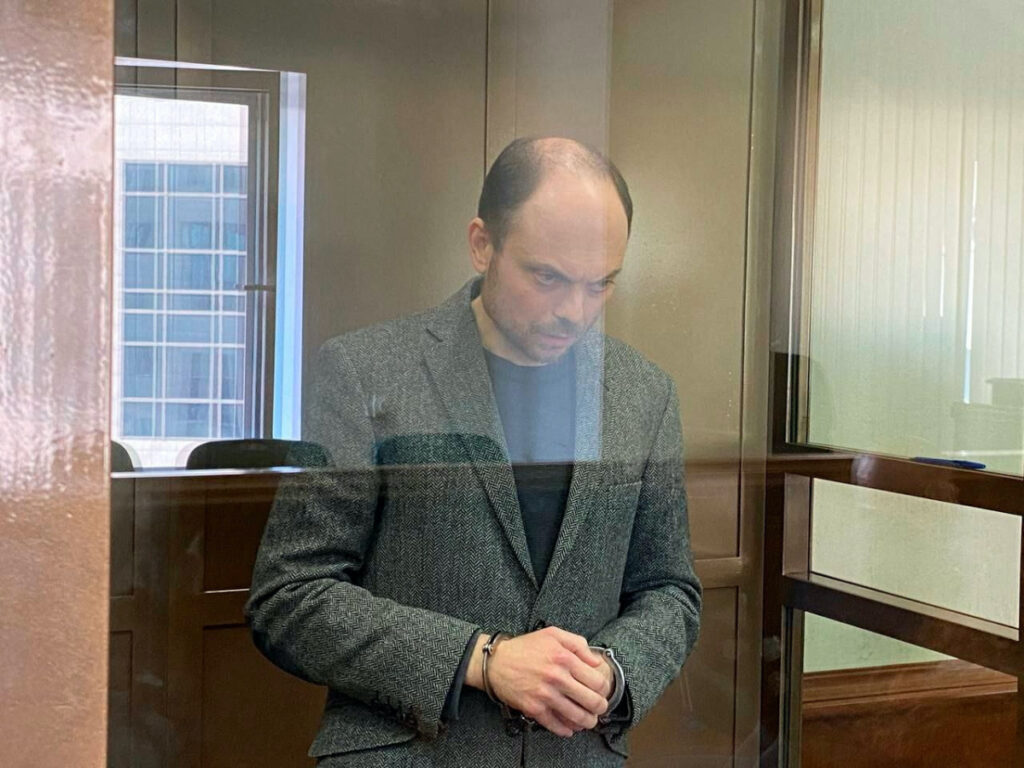 Russian opposition figure Vladimir Kara-Murza, accused of treason and of discrediting the Russian army, stands behind a glass wall of an enclosure for defendants during a court hearing in Moscow, Russia, on 17th April, 2023.