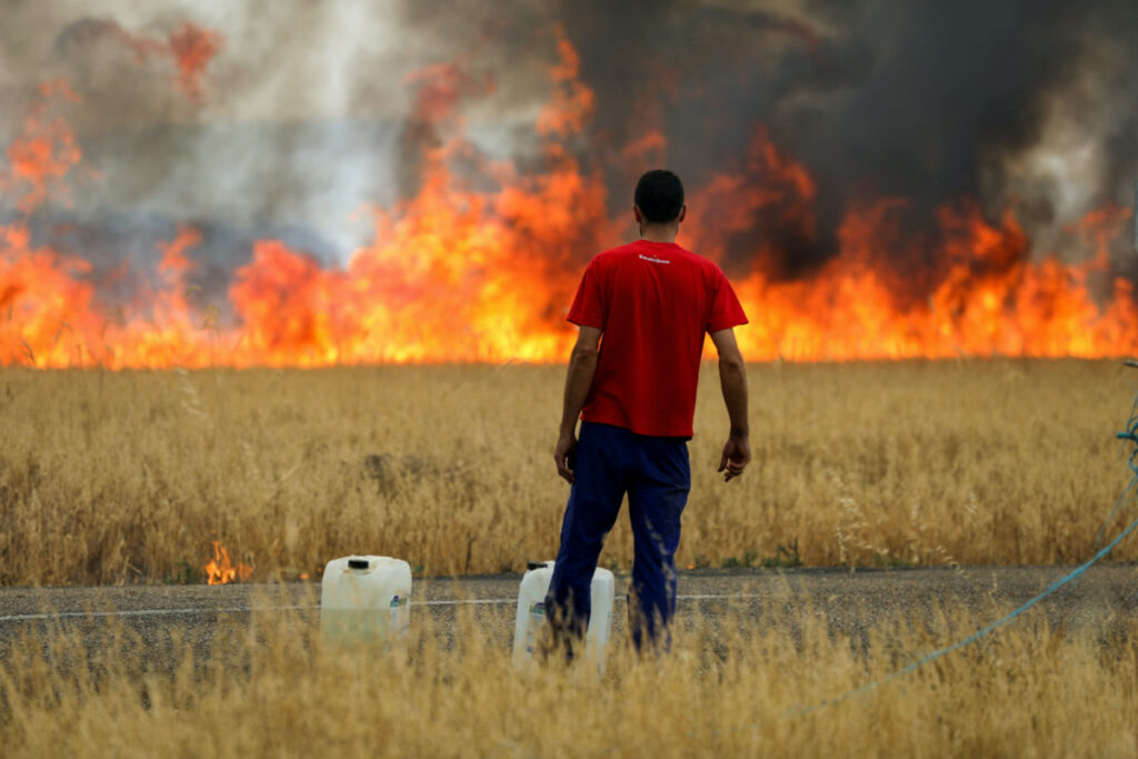 A shepherd watches a fire burning a wheat field between Tabara and Losacio during the second heatwave of the year in the province of Zamora, Spain, on 18th July, 2022.