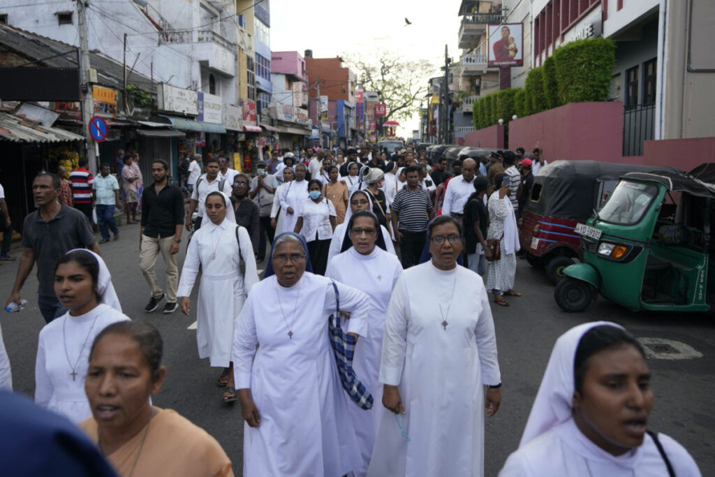 Sri Lankan Catholic nuns participate in a silent protest march to mark the fourth year commemoration of the 2019, Easter Sunday bomb attacks on Catholic Churches, in Colombo, Sri Lanka, on Friday, 21st April 2023.