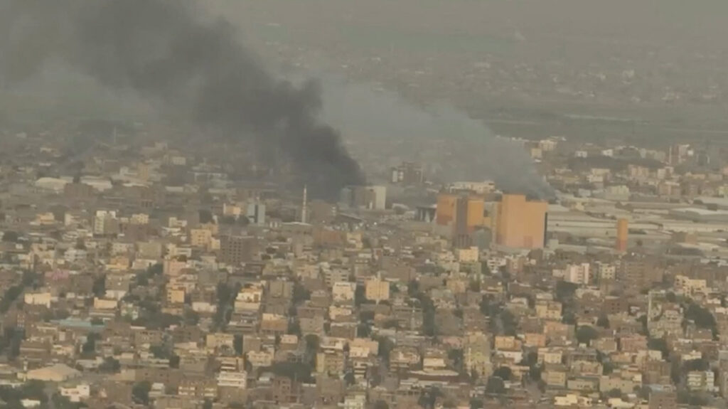 A drone view shows smoke rising over the Khartoum North Light Industrial Area, in Bahri, Sudan, on 23rd April, 2023, in this still image taken from video obtained by Reuters.