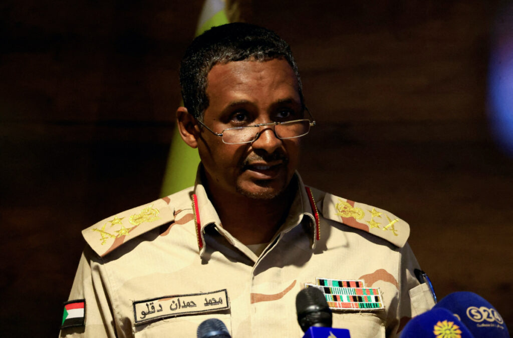 Deputy head of Sudan's sovereign council General Mohamed Hamdan Dagalo speaks during a press conference at Rapid Support Forces head quarter in Khartoum, Sudan, on 19th February, 2023.