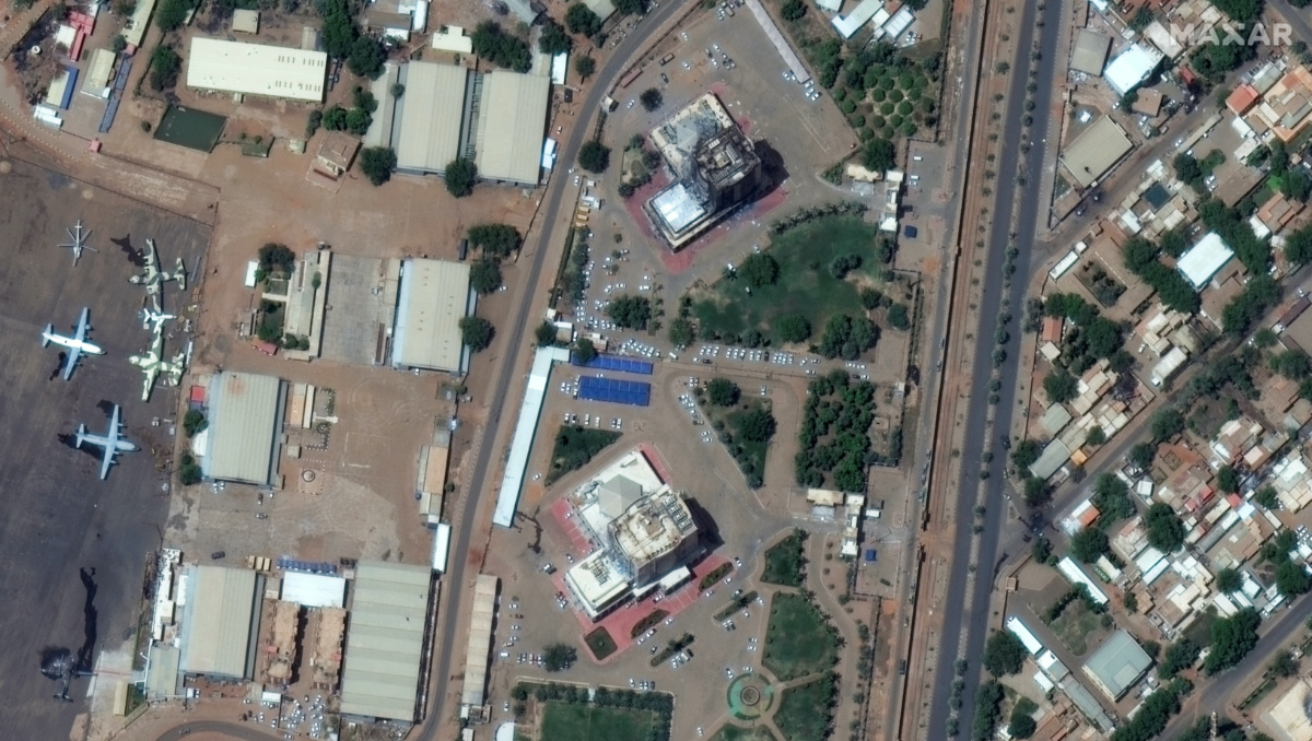Satellite image shows damaged buildings in Khartoum, Sudan, on 17th April, 2023, in this handout image. 