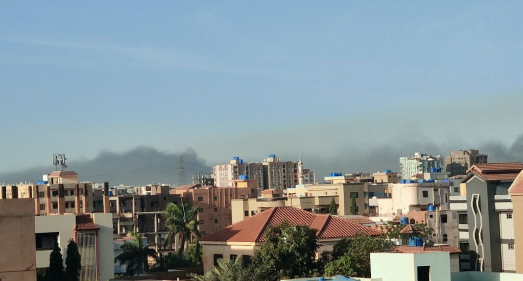 A general view shows a cloud of smoke in Khartoum, Sudan, on 18th April, 2023 in this screen grab obtained from a social media video.