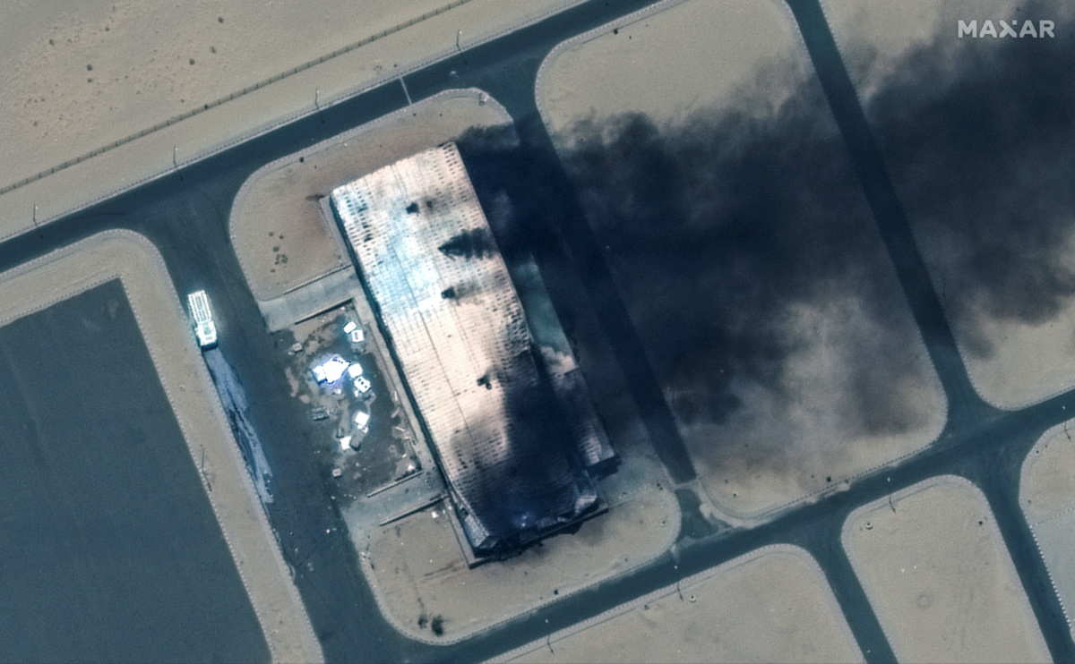 Satellite image shows a closer view of a burning building at the Merowe Airbase, Sudan, on 18th April, 2023.