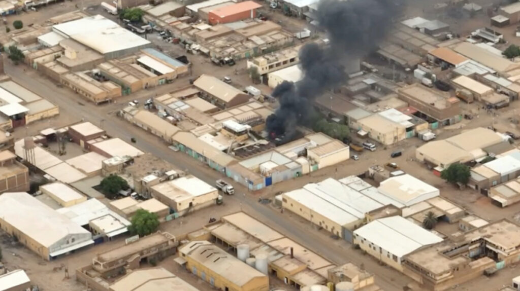 A view shows a fire at the industrial area given as Omdurman, Sudan, on 30th April, 2023.