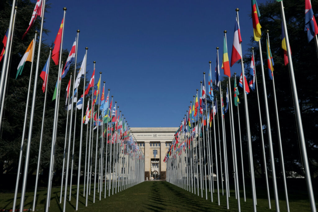 The flags alley is seen outside the United Nations building during the Human Rights Council in Geneva, Switzerland, on 27th February, 2023.