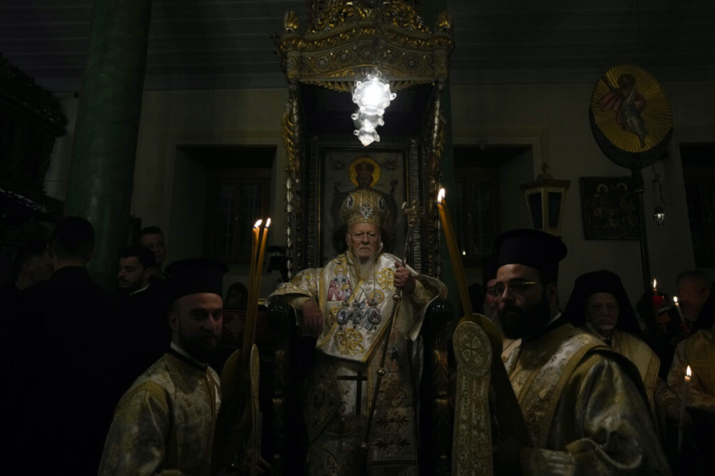 Ecumenical Patriarch Bartholomew I, Ecumenical Patriarch of the Eastern Orthodox Church, based in Istanbul, conducts Mass at the Church of St George in the island of Gokceada, Turkey, known as Imvros in Greek, early on Sunday, 16th April 2023.