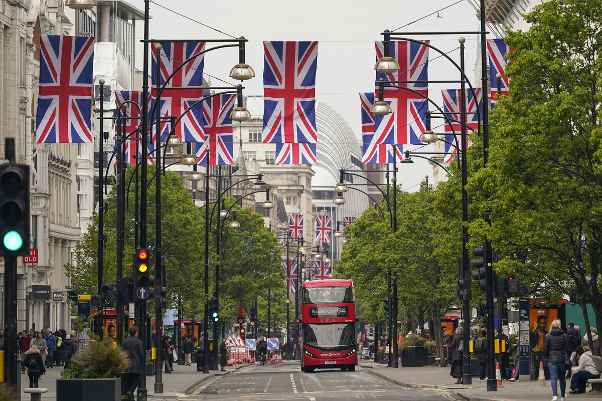 Union flags hang over Oxford Street ahead of the coronation of Britain's King Charles III, in London, Thursday, on 27th April, 2023