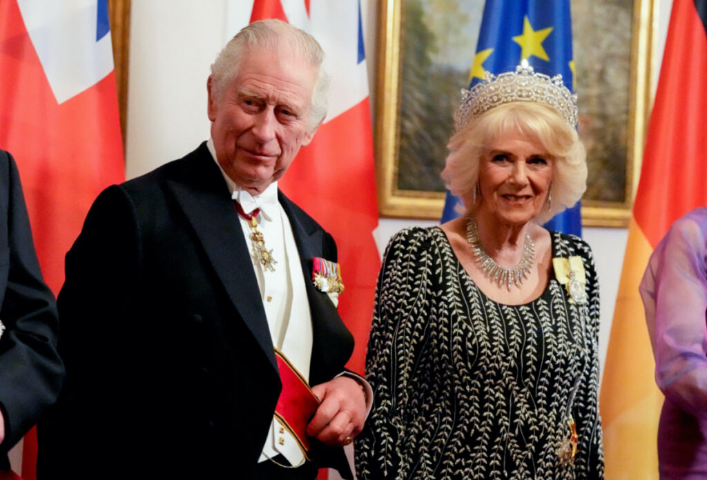 Britain's King Charles III, and Camilla, the Queen Consort, stand together prior to the State Banquet in the Bellevue Palace in Berlin, on Wednesday, 29th March, 2023.
