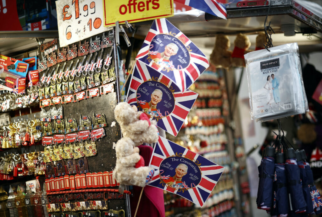 Souvenirs designed for the Coronation of King Charles III are seen in London, Britain, on 14th April, 2023.