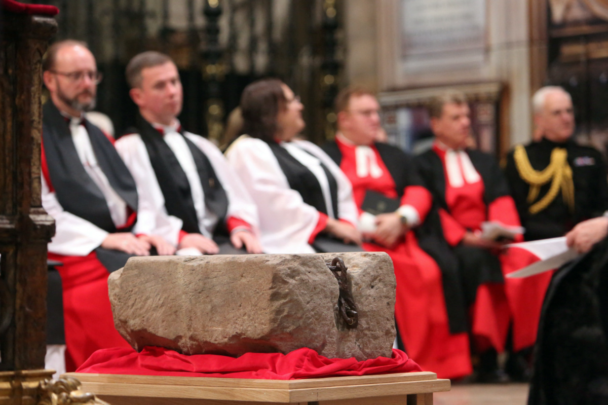 The Stone of Destiny is pictured inside Westminster Abbey during a welcome ceremony, in central London, Britain, on 29th April, 2023