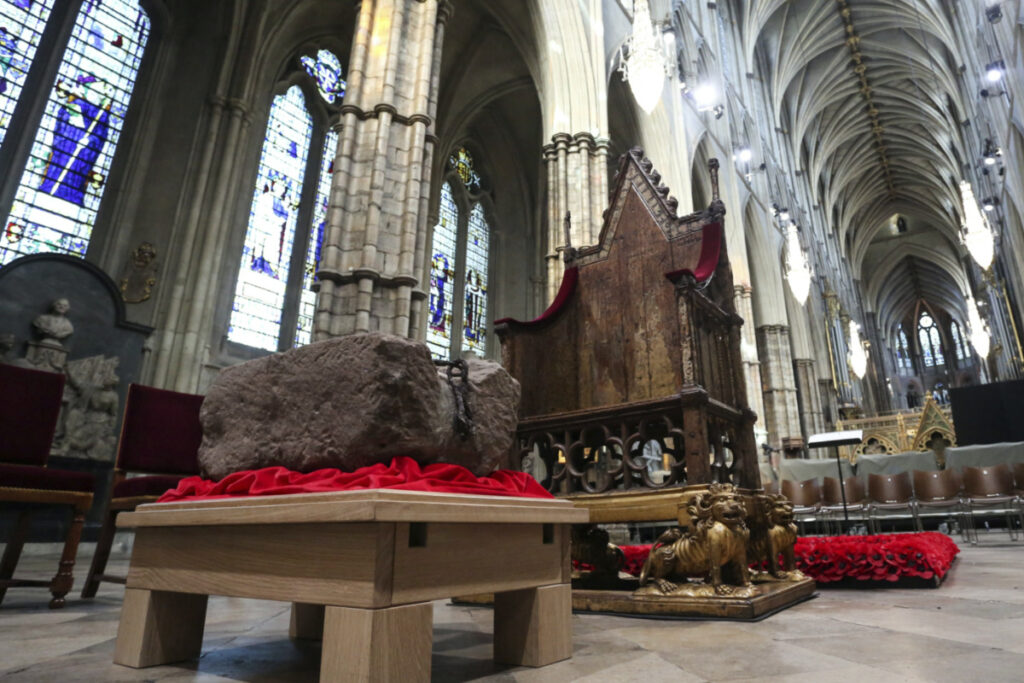 The Stone of Destiny is seen during a welcome ceremony ahead of the coronation of Britain's King Charles III, in Westminster Abbey, London, on Saturday, 29th April, 2023.