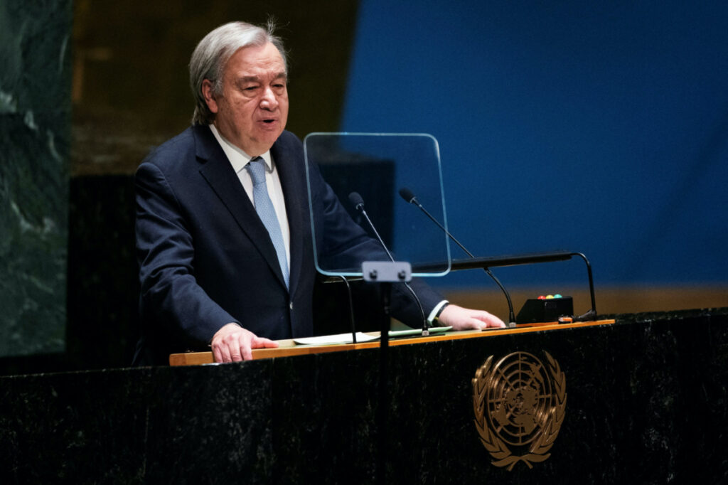 UN Secretary-General Antonio Guterres addresses to delegates during a general assembly to vote on whether to ask top global court to issue opinion on climate responsibility at United Nations Headquarters in New York City, US, on 29th March, 2023