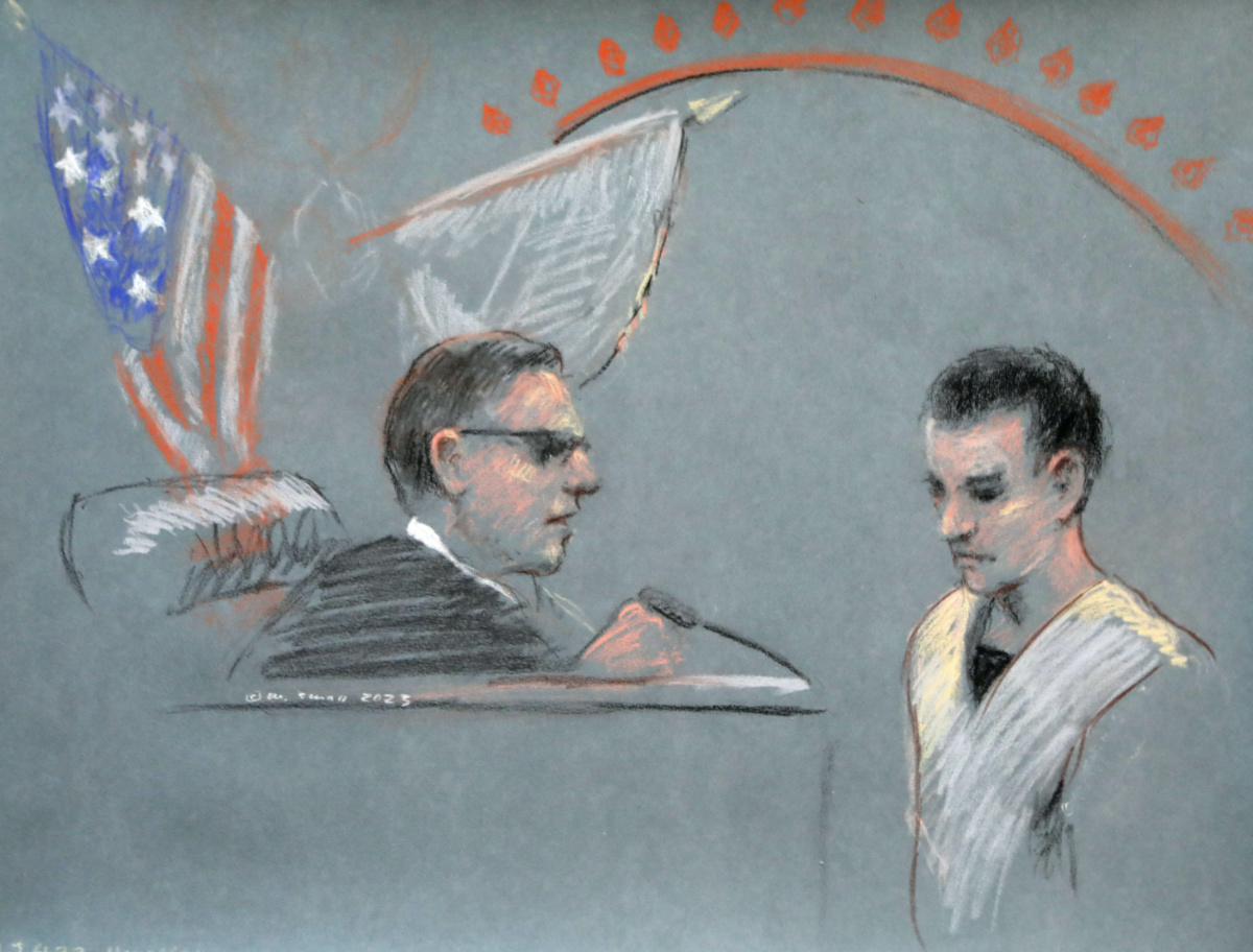 Jack Douglas Teixeira, a US Air Force National Guard airman accused of leaking highly classified military intelligence records online, makes his initial appearance before a federal judge in Boston, Massachusetts, US, on 14th April, 2023 in a courtroom sketch. 