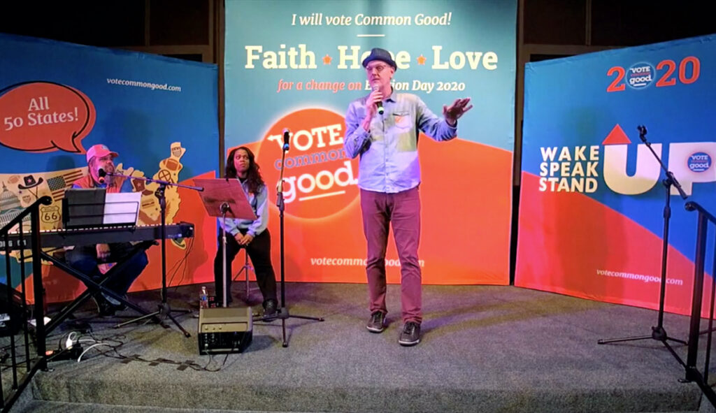 Doug Pagitt, centre, speaks during a Vote Common Good rally at a United Church of Christ in Fresno, California, on 19th January, 2020.