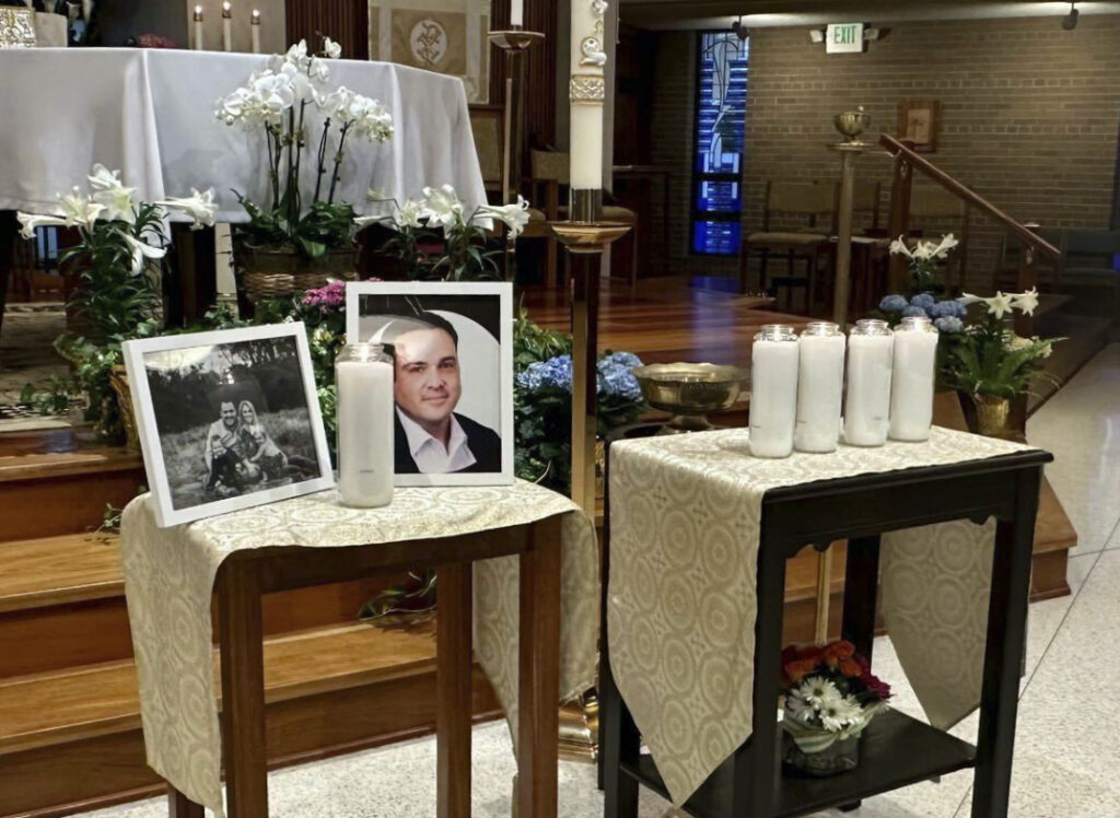 A memorial for Joshua Barrick is on display, late Monday, on 10th April, 2023, at Holy Trinity Catholic Church in Louisville, Kentucky.