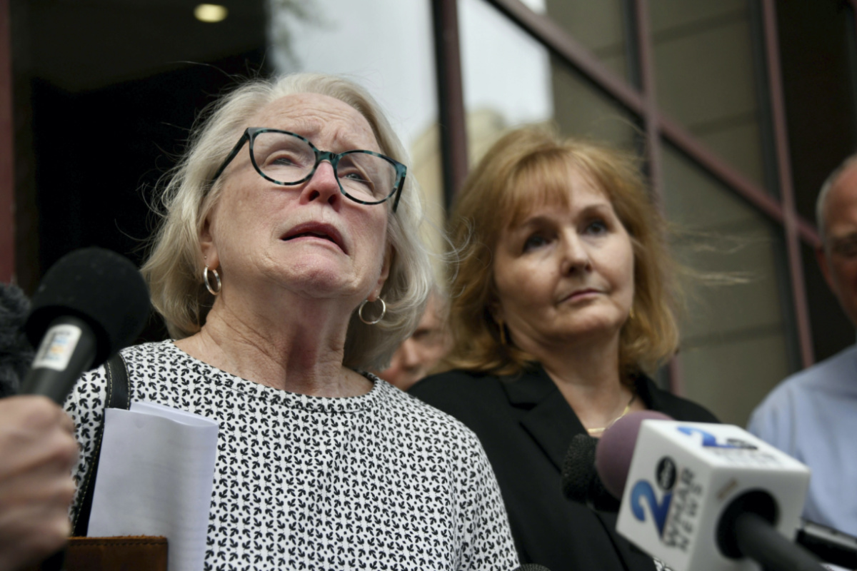 Jean Hargadon Wehner speaks about the release of the redacted report on child sexual abuse in the Catholic Archdiocese of Baltimore by the Maryland Attorney General's Office on Wednesday, 6th April, 2023, in Baltimore. Standing next to her is Teresa Lancaster. 