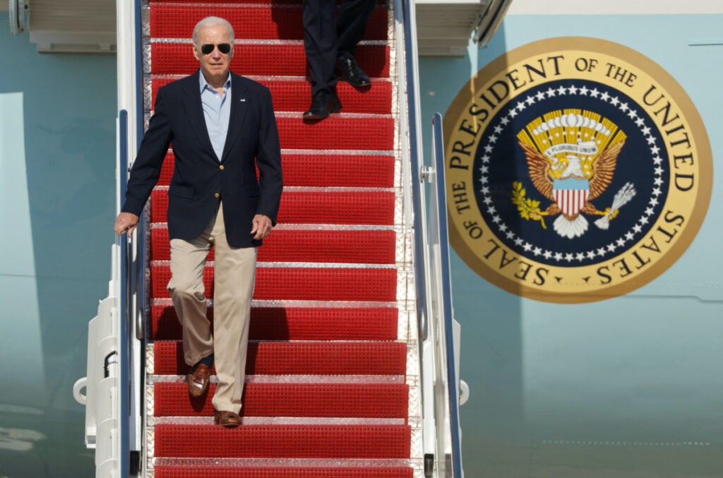 US President Joe Biden departs the Air Force One as he returns from NATO and G7 summits in Europe at Joint Base Andrews, Maryland, US, on 30th June, 2022.