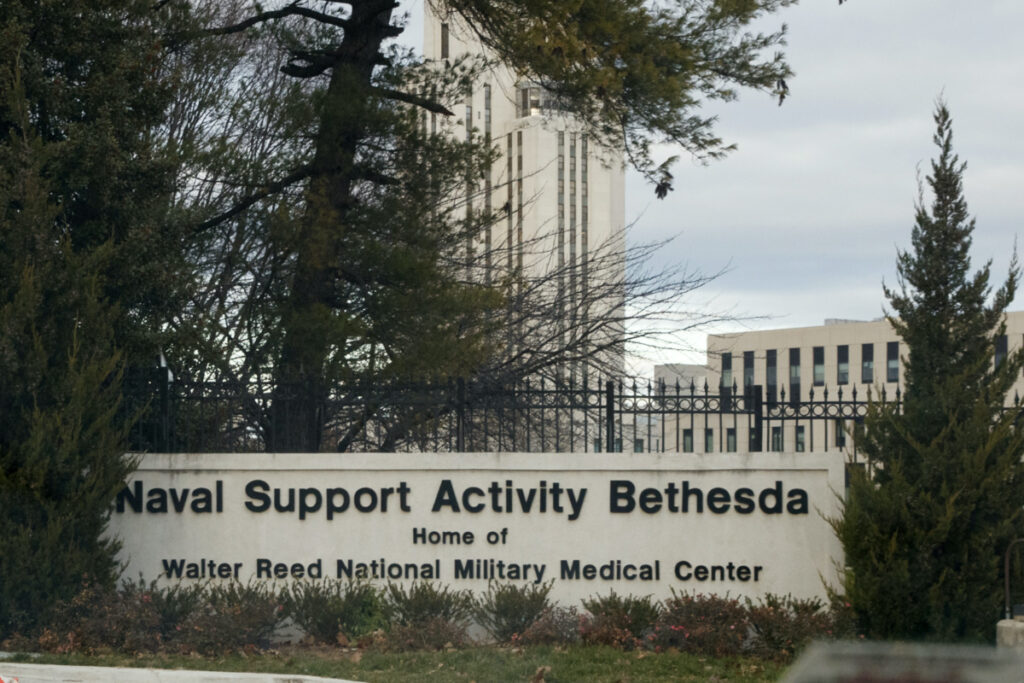 A sign stands near an entrance to Walter Reed National Military Medical Center on Tuesday, 27th November, 2018, in Bethesda, Maryland.