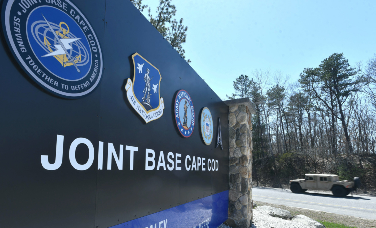 A military vehicle heads toward Joint Base Cape Cod, home of the 102nd Intelligence Wing and Otis Air National Guard Base, in Hyannis, Massachusetts, US, on 13th April, 2023.