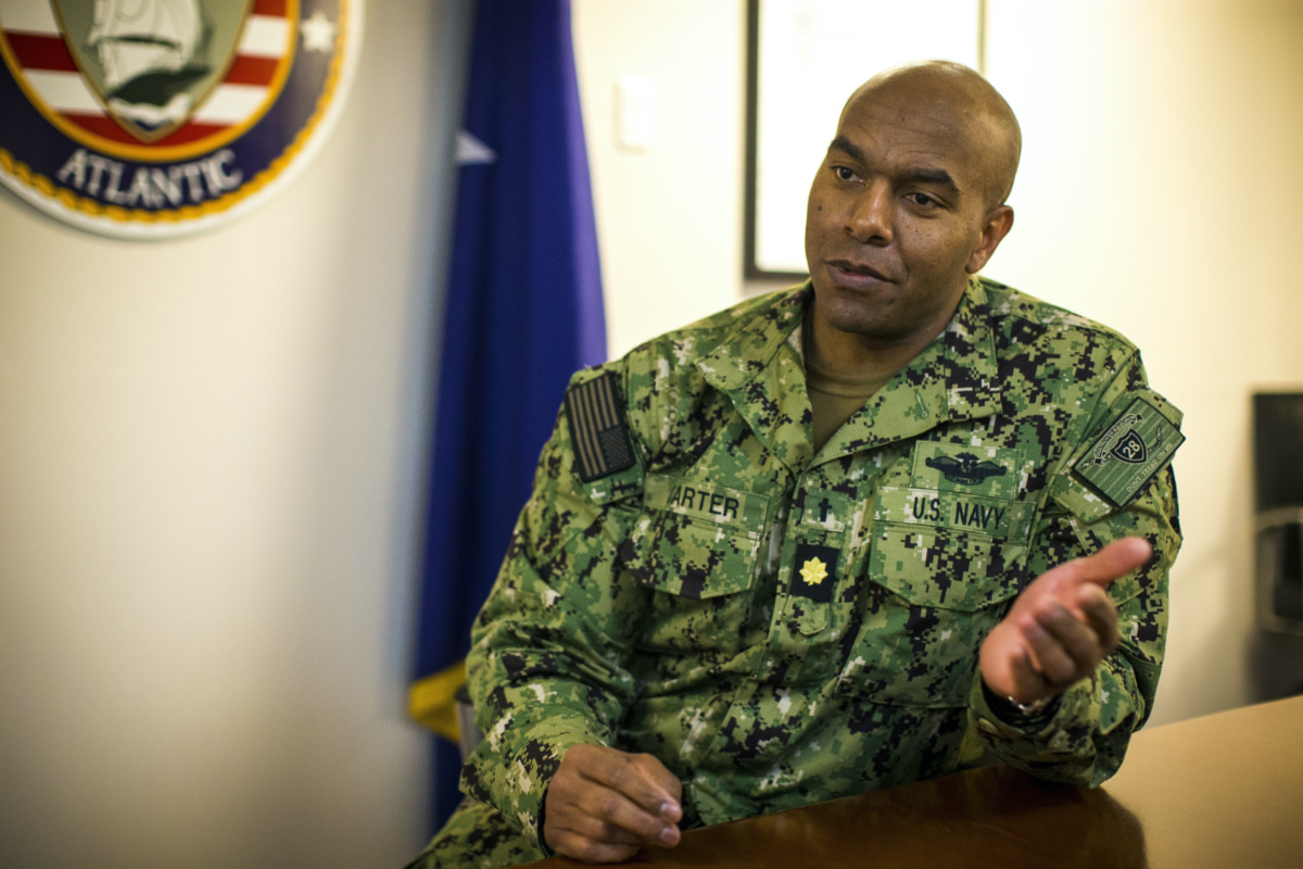 Navy Chaplain Lt Cmdr Madison Carter, the head chaplain for Destroyer Squadron 28, home ported at Norfolk Naval Station in Norfolk, Viriginia. speaks about his role as a Navy chaplain on Tuesday, 14th March, 2023. 