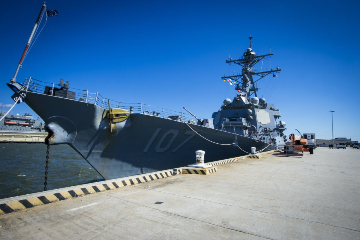 The Arleigh Burke-class destroyer USS Gravely is docked at its home port Norfolk Naval Station in Norfolk, Virginia, on Tuesday, 14th March, 2023