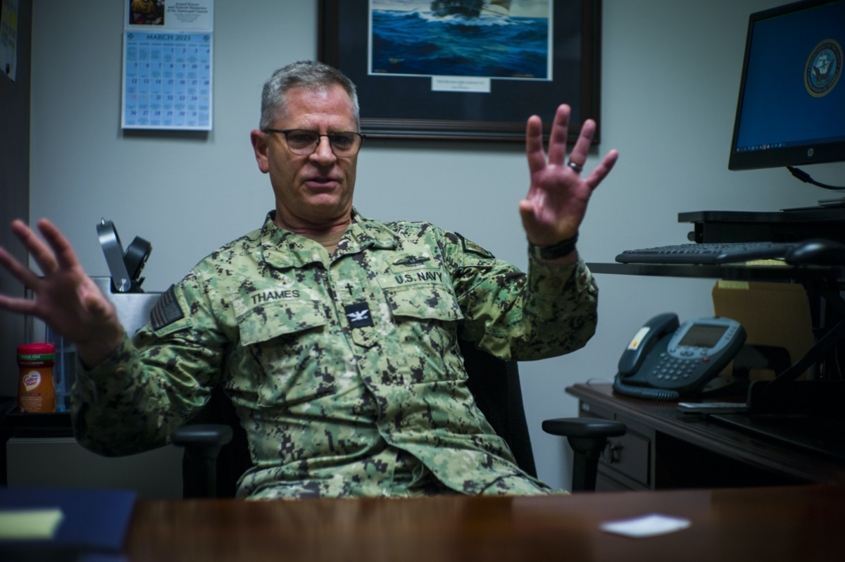 Captain David Thames, Surface Fleet Atlantic Force chaplain of the US Navy, speaks about the Navy's plan to assign additional chaplains permanently to Navy support surface ships at his office at Norfolk Naval Station in Norfolk, Virginia on Monday, 13th March, 2023