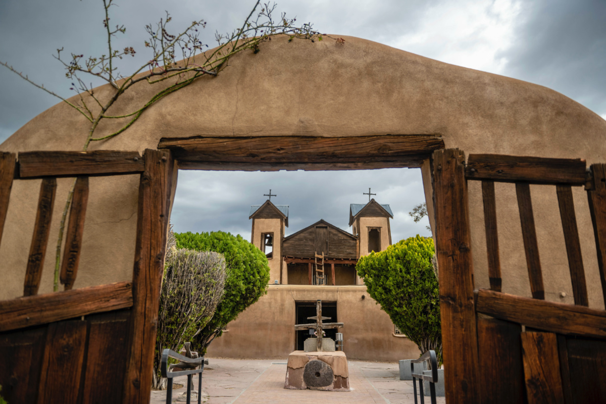 An exterior view of the Santuario de Chimayo, in Chimayo, New Mexico, on Friday, 14th April, 2023. 