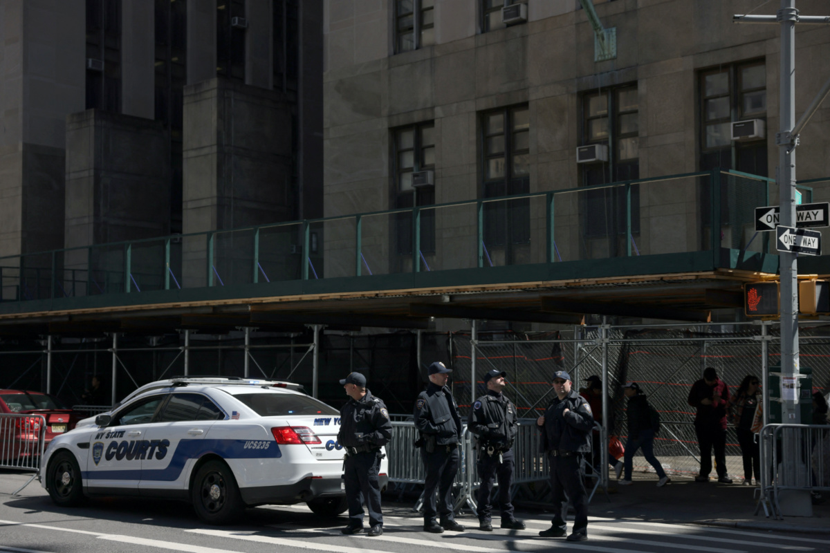 New York State Court Police Officers stand watch outside Manhattan Criminal Court after former US President Donald Trump's indictment by a Manhattan grand jury following a probe into hush money paid to porn star Stormy Daniels, in New York City, US, on 3rd April, 2023. 