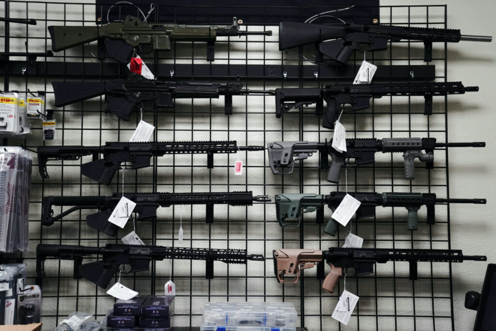 AR-15 style rifles are displayed for sale at Firearms Unknown, a gun store in Oceanside, California, US, on 12th April, 2021.