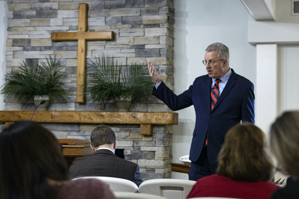 Pastor George Grant delivers the sermon during a Palm Sunday service at Parish Presbyterian Church on Sunday, 2nd April, 2023, in Franklin, Tennessee. 
