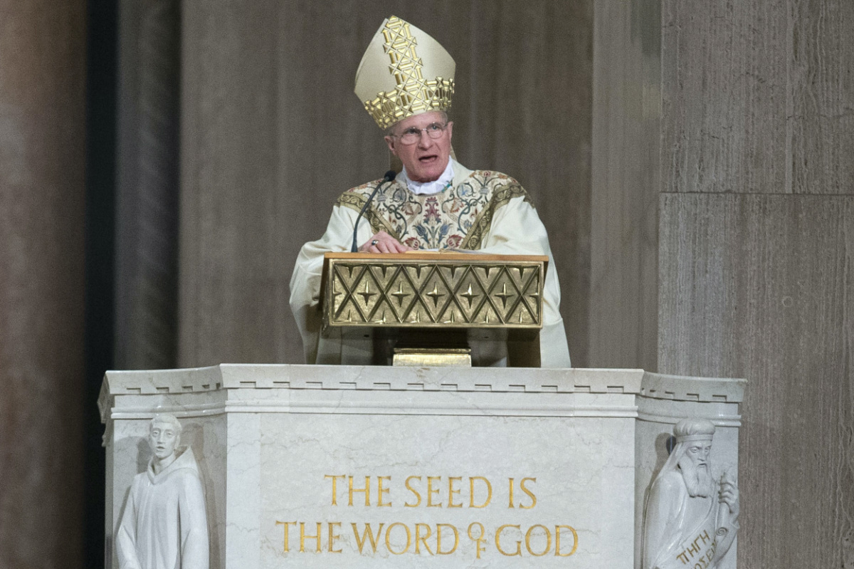 Archbishop Timothy Broglio conducts an Easter Sunday Mass at Basilica of the National Shrine of the Immaculate Conception in Washington, on Sunday, 12th April, 2020.