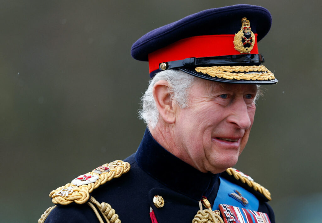 Britain's King Charles arrives to attend The Sovereign's Parade at the Royal Military Academy in Sandhurst, Britain, on 14th April, 2023.