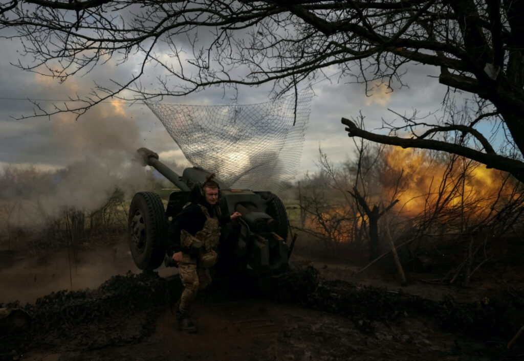 Ukrainian service members from a 3rd separate assault brigade of the Armed Forces of Ukraine, fire a howitzer D30 at a front line, amid Russia's attack on Ukraine, near the city of Bakhmut, Ukraine, on 23rd April, 2023