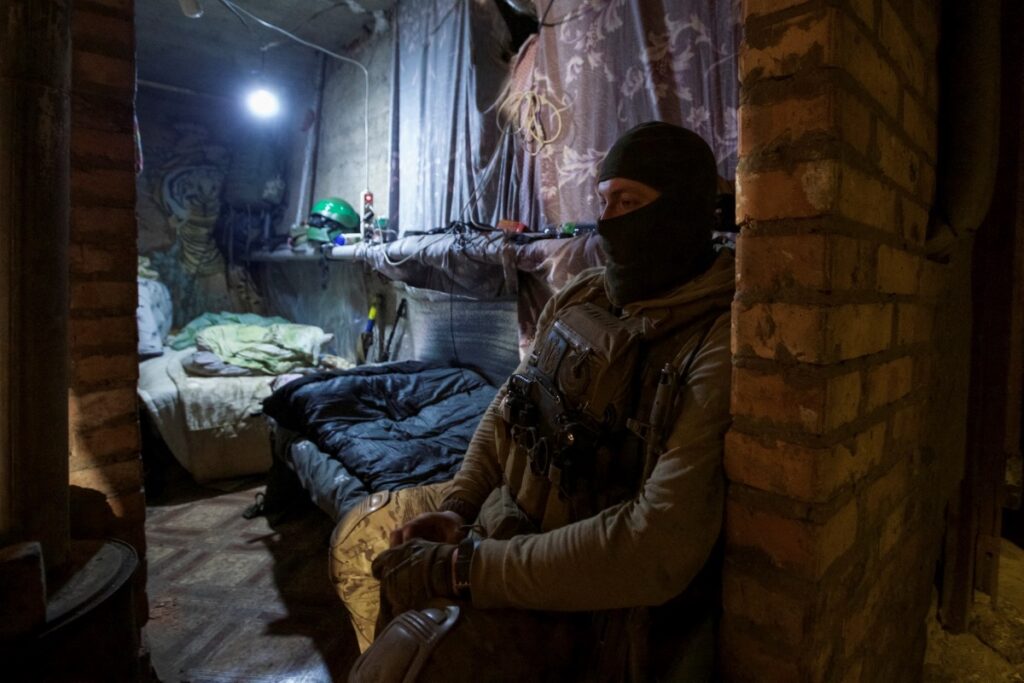 A Ukrainian serviceman of the 24th Separate Mechanized Brigade named after King Danylo Halytskyi rests inside a shelter in the front line town of Bakhmut, amid Russia's attack on Ukraine, in Donetsk region, Ukraine on 17th April, 2023.