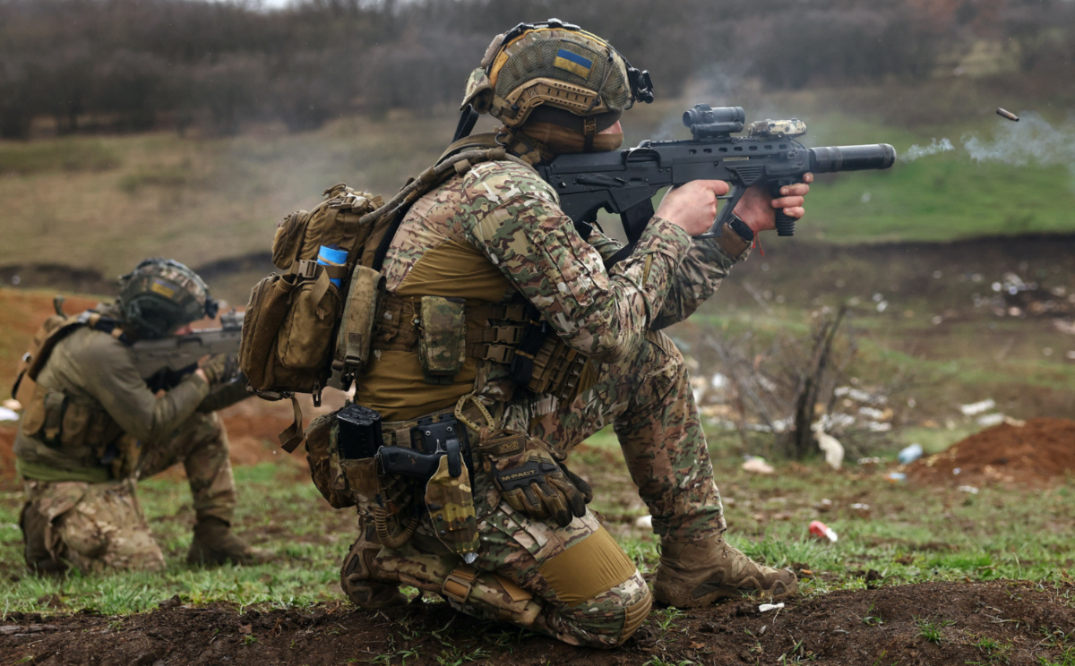 Members of Ukrainian special forces engage in zeroing their weapons prior to a mission, in the region of Bakhmut, Ukraine, on 6th April, 2023.