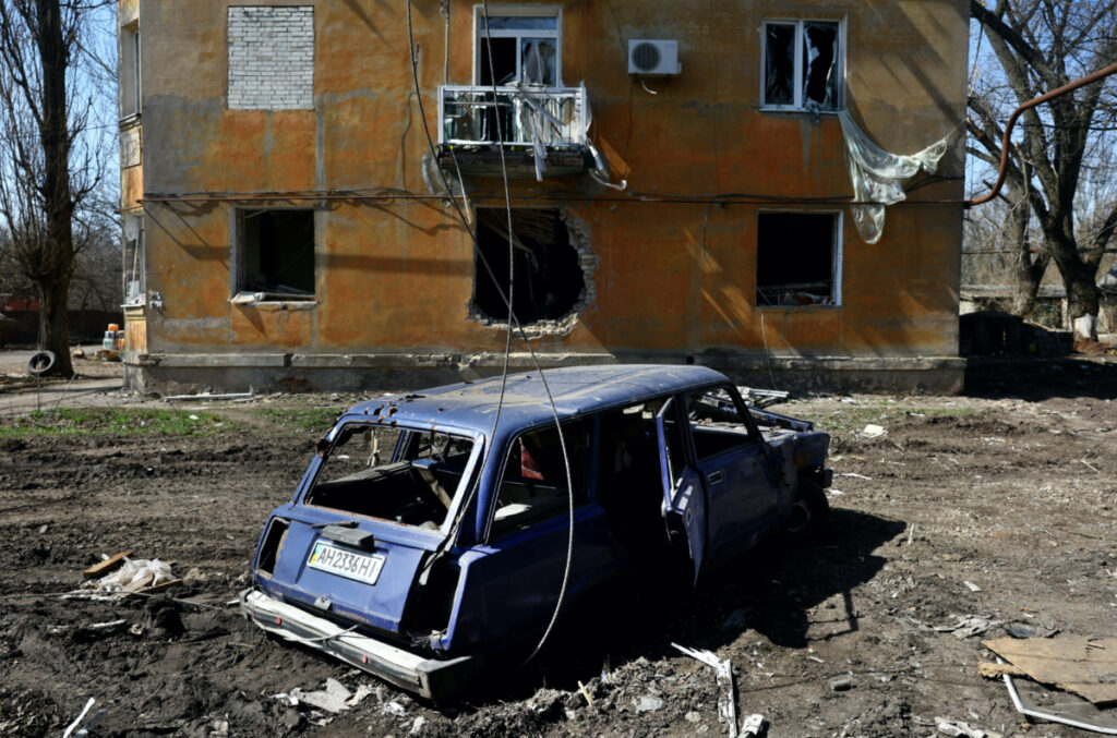 A destroyed car from recent shelling during heavy fighting at the frontline of Bakhmut and Chasiv Yar, is pictured in Chasiv Yar, Ukraine, on 10th April, 2023.