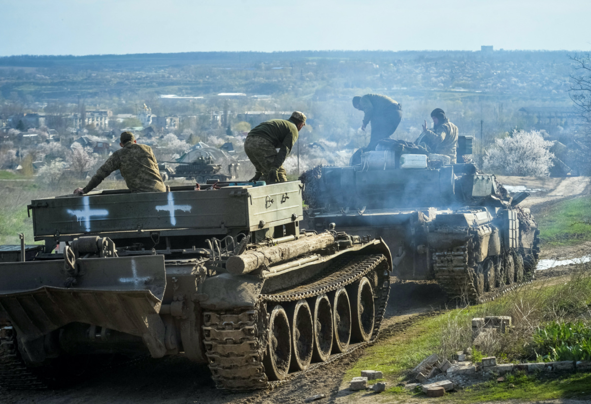 Ukrainian service members ride tanks, as Russia's attack on Ukraine continues, near the front line city of Chasiv Yar, Ukraine, on 10th April, 2023. 