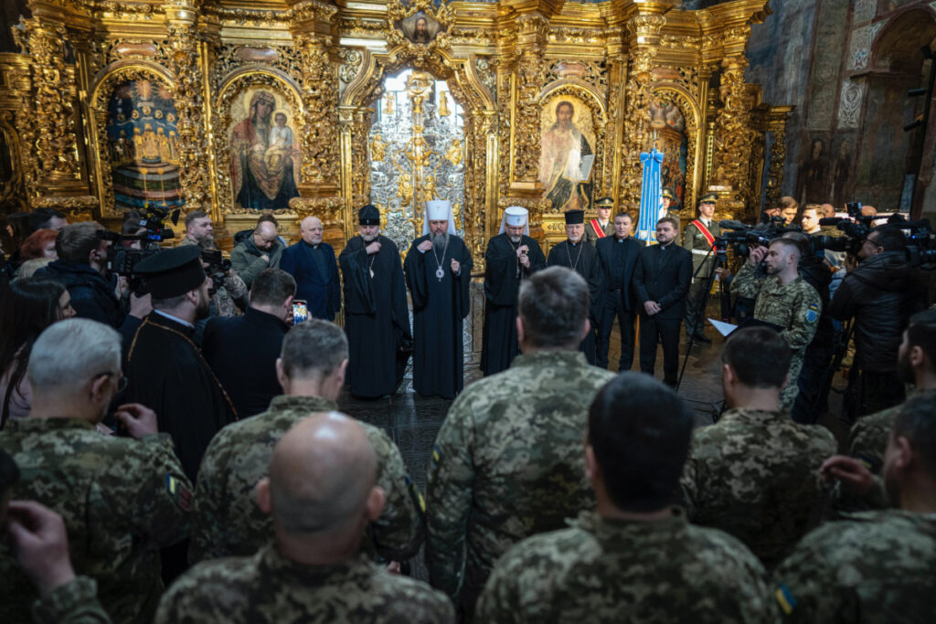 Heads of church organisations blessing Ukrainian military chaplains during the official ceremony of presenting certificates at Saint Sophia Cathedral in Kyiv, Ukraine, on Saturday, 1st April, 2023.