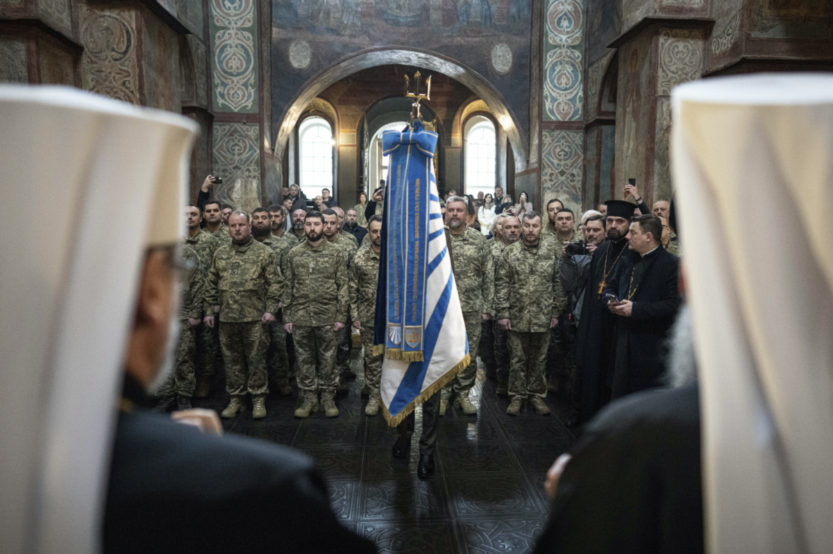 Heads of church organisations bless Ukrainian military chaplains during the official ceremony of presenting certificates at Saint Sophia Cathedral in Kyiv, Ukraine, on Saturday, 1st April, 2023. 