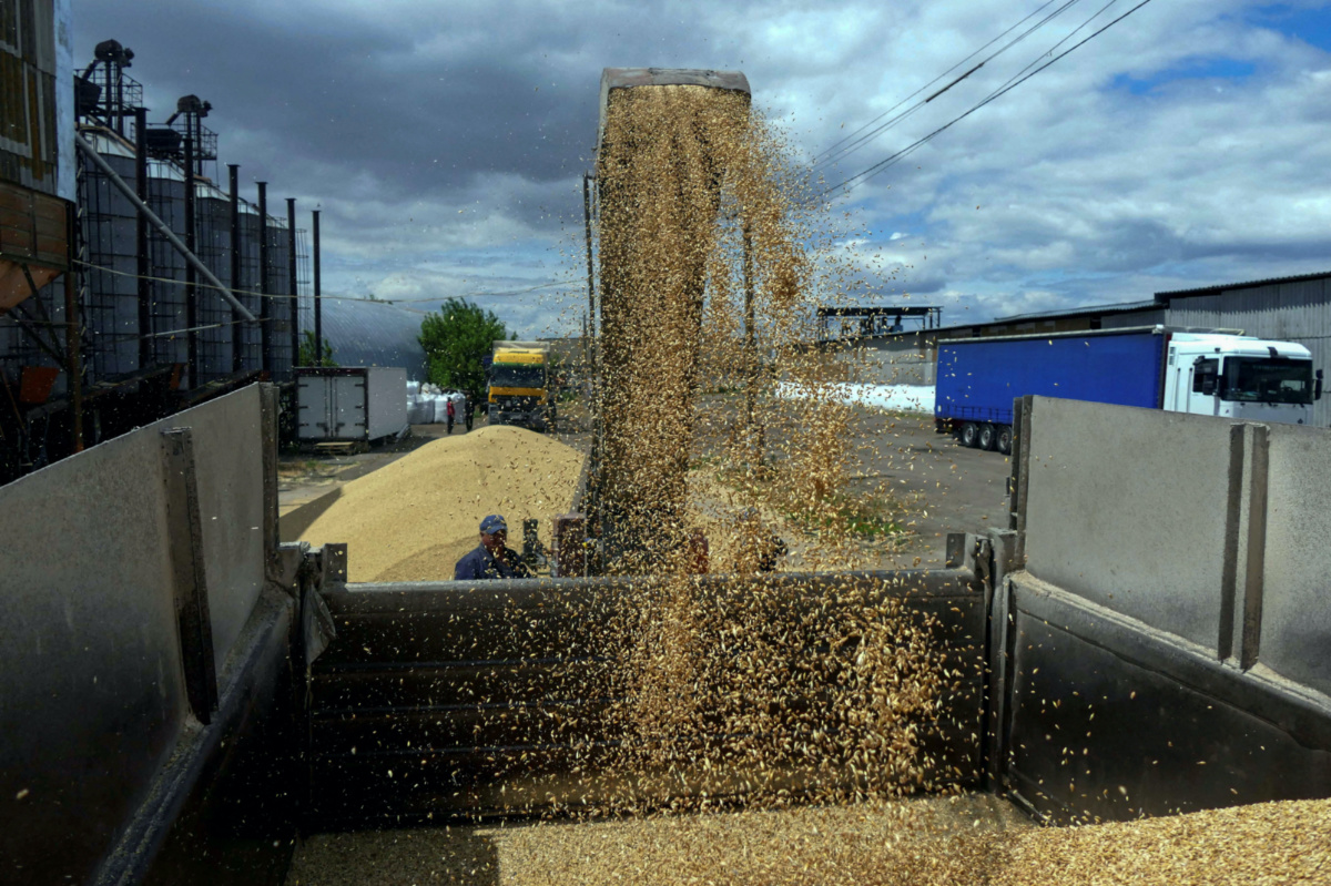 A worker loads a truck with grain at a terminal during barley harvesting in Odesa region, Ukraine, on 23rd June, 2022. 