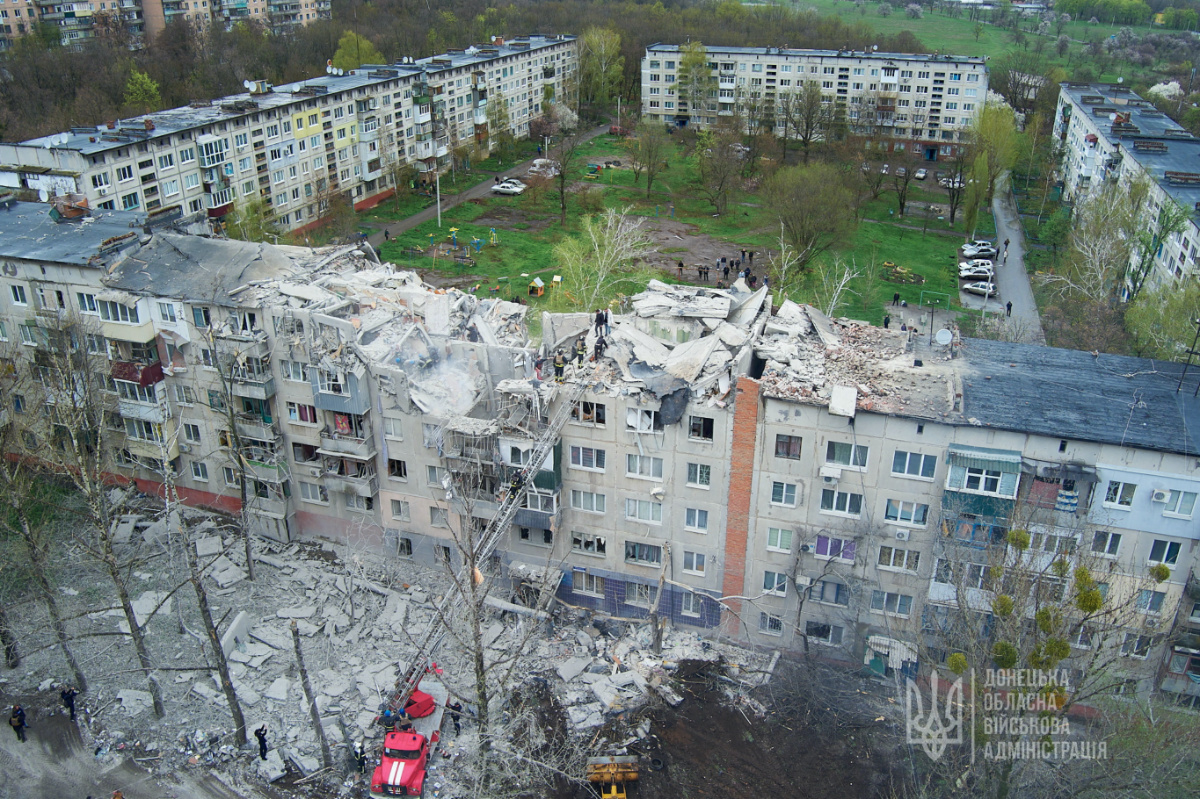 An aerial view shows a residential building damaged by a Russian military strike, amid Russia's attack on Ukraine, in Sloviansk, Donetsk region, Ukraine, on 14th April, 2023