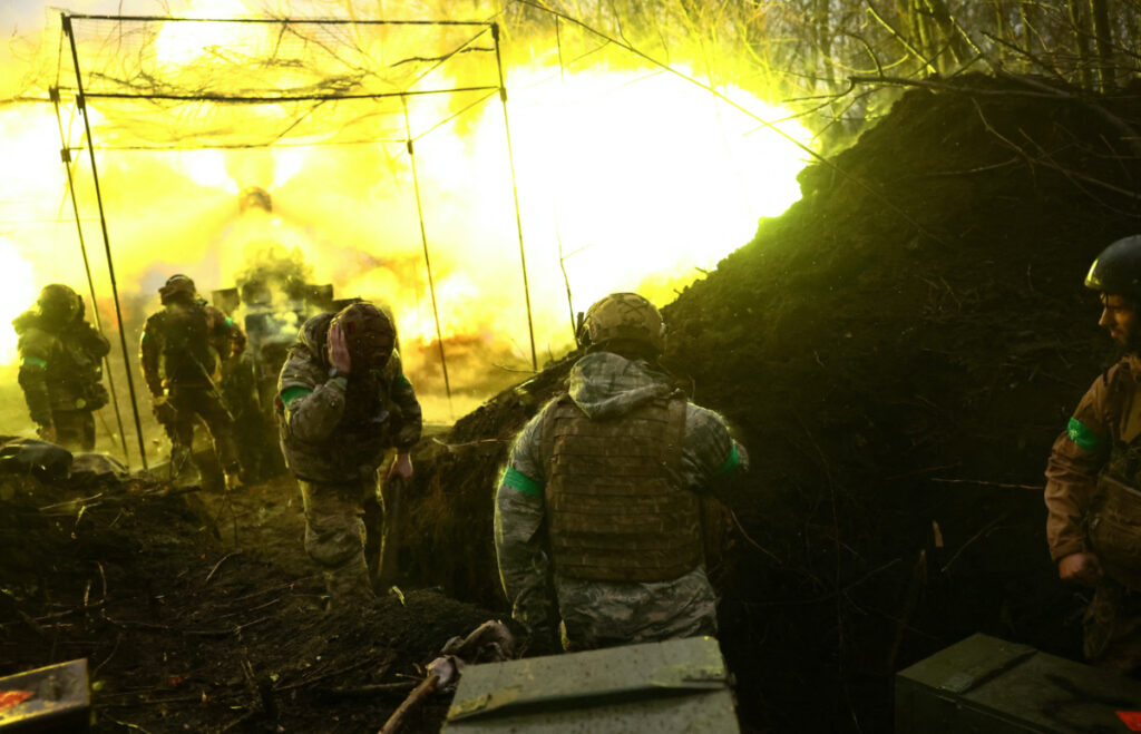 Ukrainian artillery fires towards the frontline during heavy fighting amid Russia's attack on Ukraine, near Bakhmut, Ukraine, on 13th April, 2023.