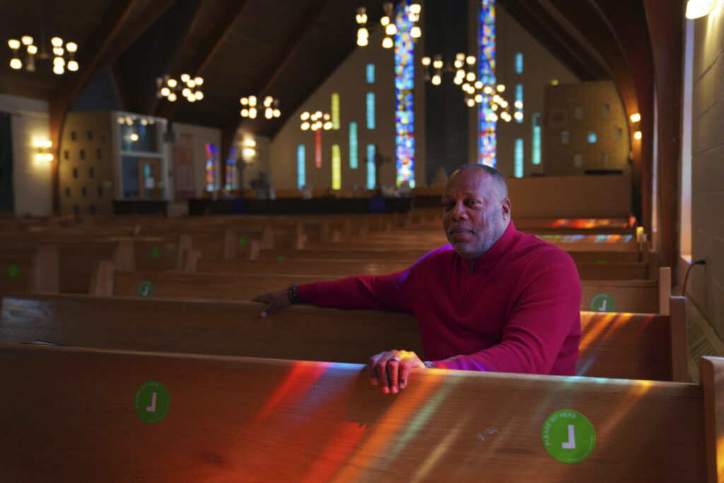 Rev Dale Snyder sits in the pews at Bethel AME Church where he is pastor, in Pittsburgh on Tuesday, 11th April, 2023.