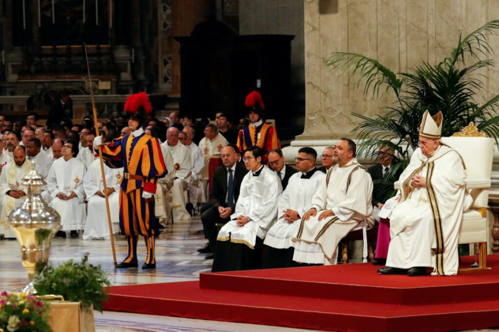 Pope Francis presides over the Chrism Mass in St. Peter's Basilica at the Vatican, on 6th April 2023.
