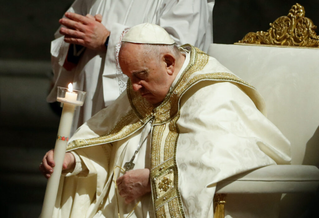 Pope Francis presides over the Easter Vigil in Saint Peter's Basilica at the Vatican, on 8th April, 2023.