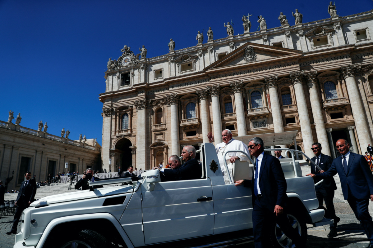 Pope Francis leaves following the weekly general audience in St Peter's Square at the Vatican, on 26th April, 2023.